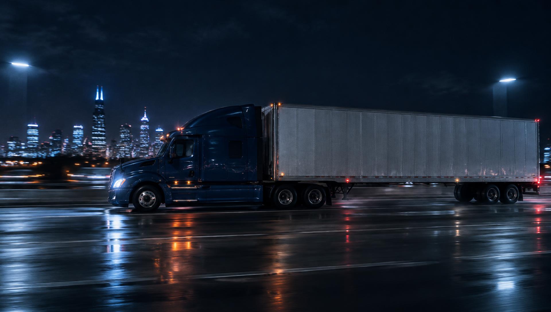 Illustrative semi-truck on a wet highway at midnight